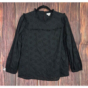J. Crew Ruffleneck Eyelet Yoke Top AS183 Size XS Black Womens Lined Blouse Boho